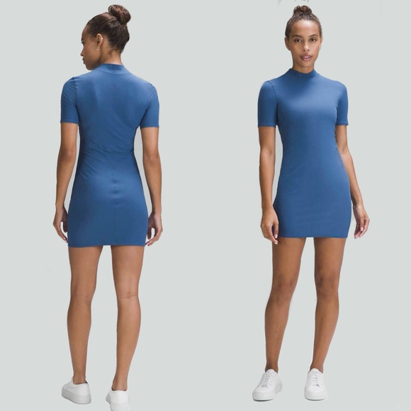lululemon athletica Dresses & Skirts - Lululemon 2023 All Aligned Ribbed Short Sleeve Dress Pitch Blue Nulu Athleisure